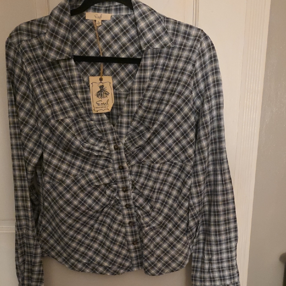 easel Blue and White Plaid Button-Front Shirt